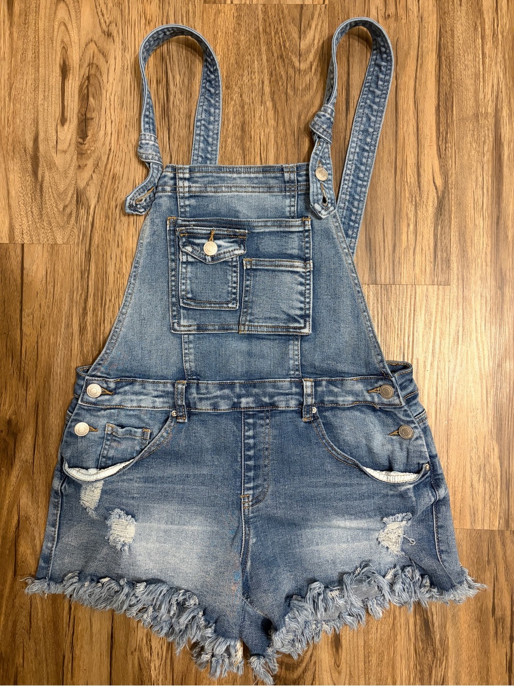 Almost Famous Distressed Blue Denim Short Overalls